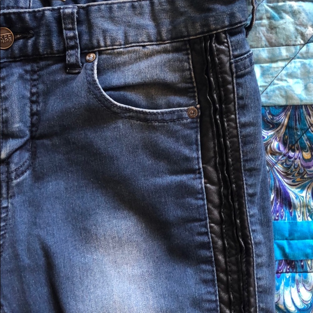 Free People Dark Wash Knee Fade Leather Pin Pant - Picture 7 of 8
